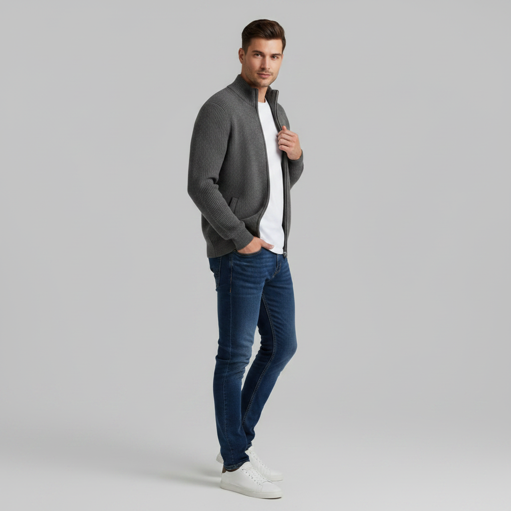 Men's Slim Fit Zip Up Cardigan | Ribbed Knit Style
