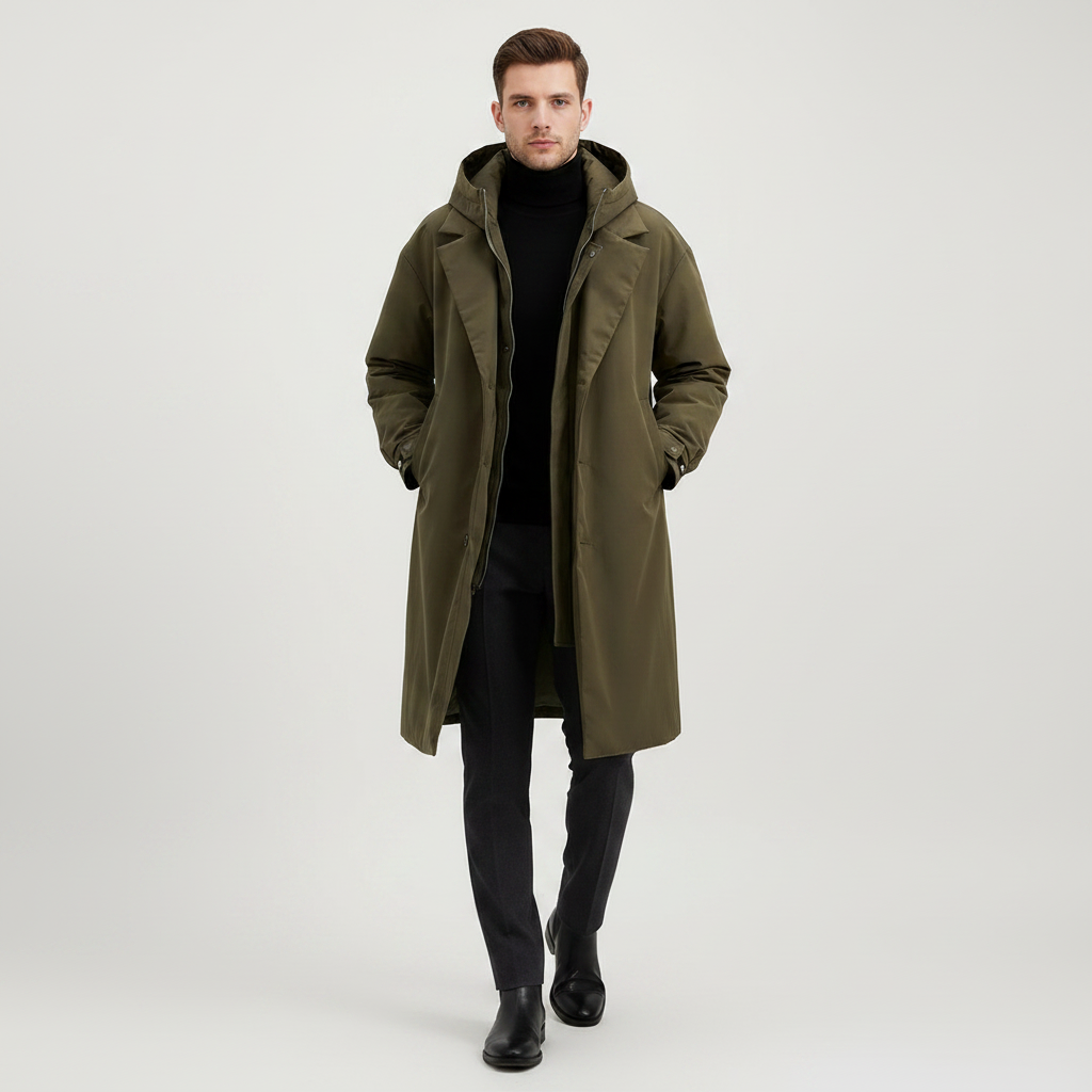 Men's Waterproof Puffer Trench Coat | Stylish Long Jacket