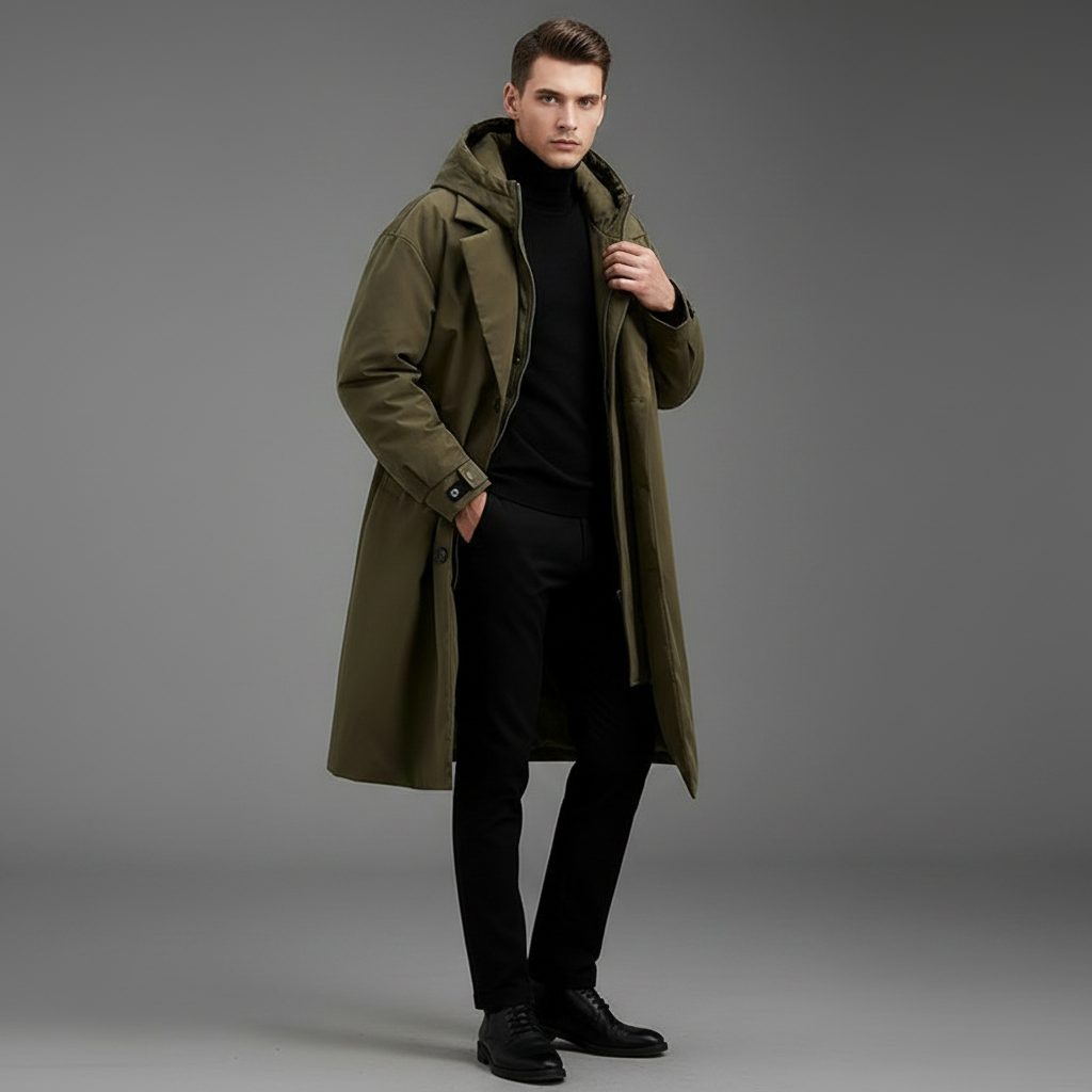 Men's Waterproof Puffer Trench Coat | Stylish Long Jacket