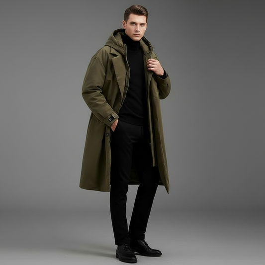 Men's Waterproof Puffer Trench Coat | Stylish Long Jacket